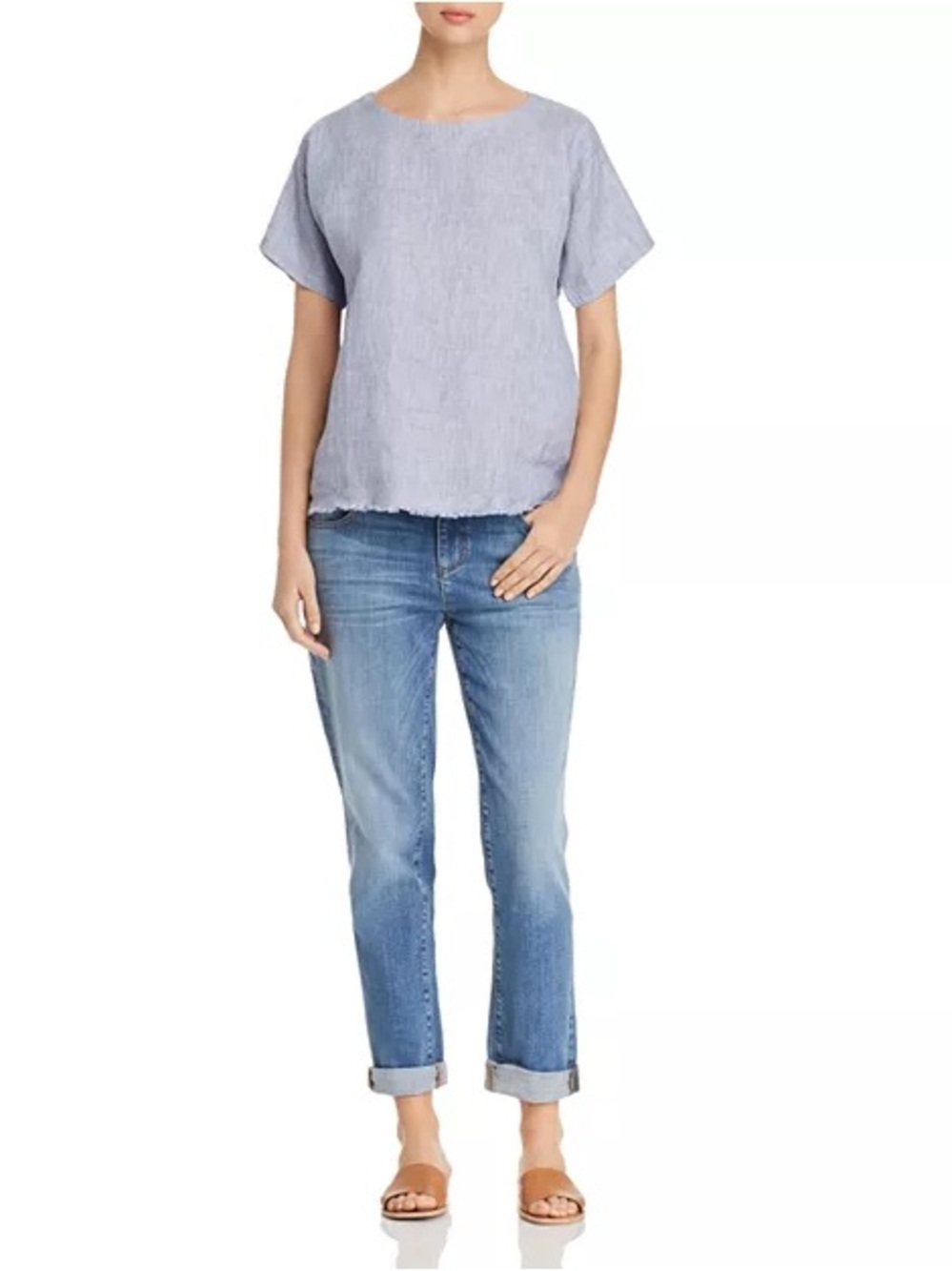 Eileen Fisher Blue Linen Boxy Short Sleeve Top Raw Hem Size Medium